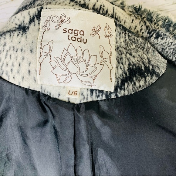 SAGA Lady Fleece Jacket Ombre Black White Novelty Print Cozy Button Down Coat L - Picture 13 of 15